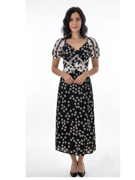 Self-Portrait Dresses & Skirts - Self Portrait Daisy Print Puff Sleeve Women's Midi Dress, Black/White Size US 2